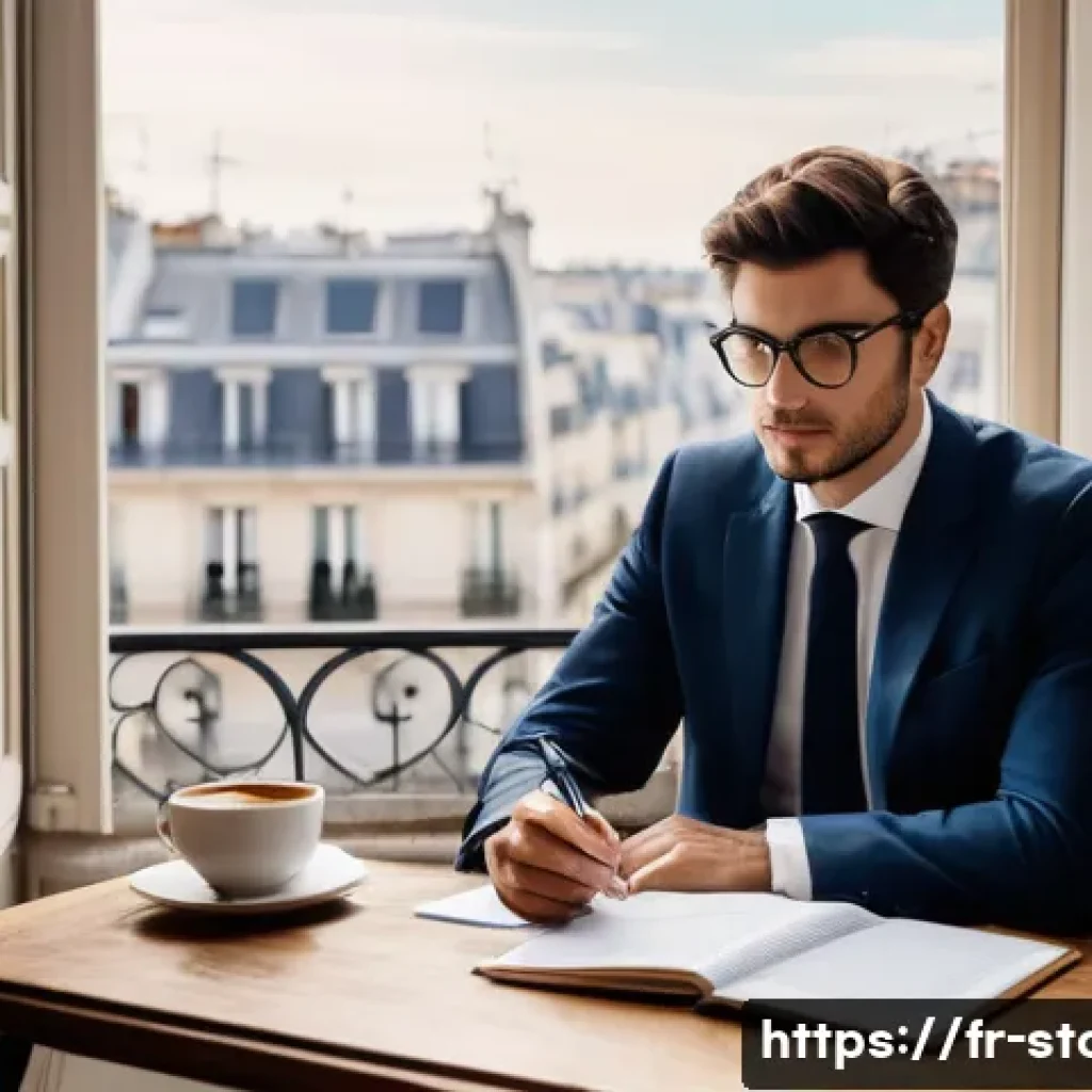 증권투자상담사 커리어 플랜 설계 - **Prompt:** A focused and determined French professional in their late 20s to early 30s, dressed in ...
