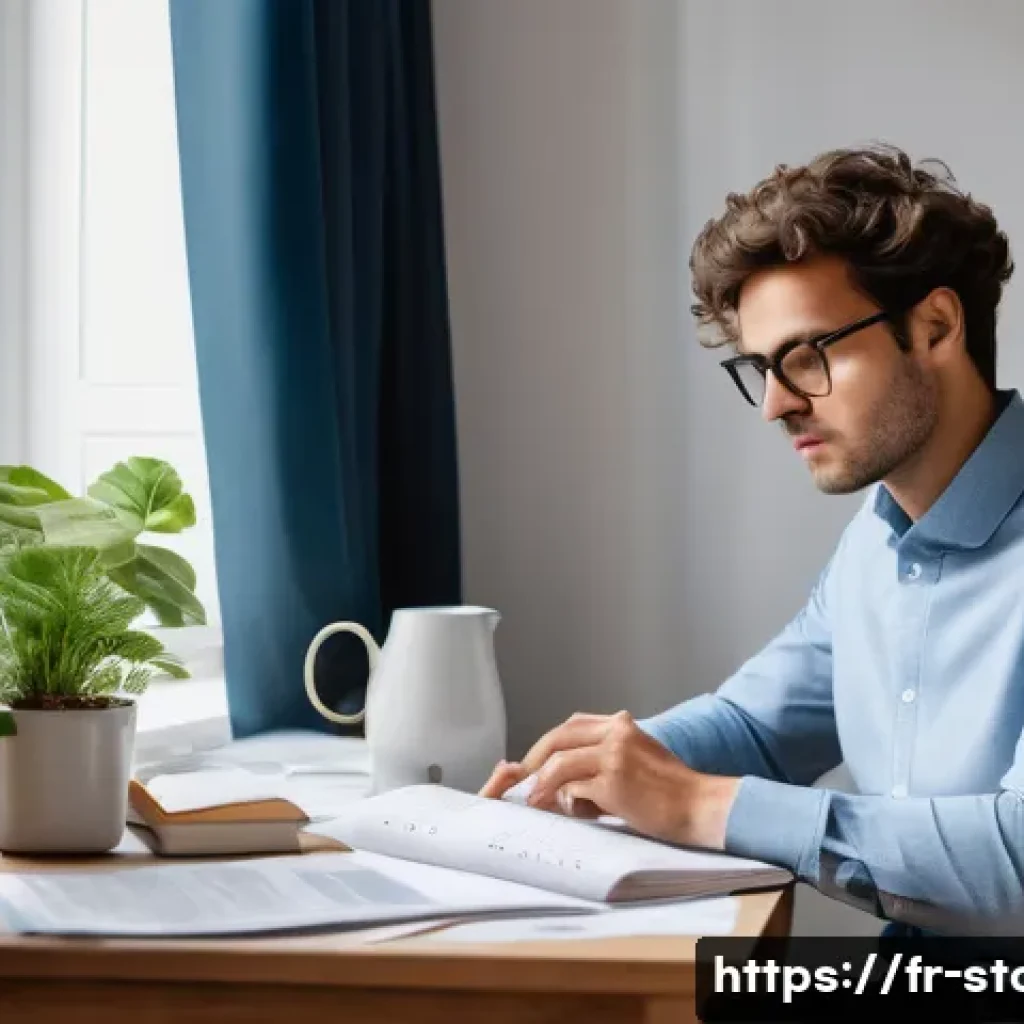증권투자상담사 시험 합격 후기 - A focused young French professional sitting at a modern desk in a bright home office, surrounded by ...