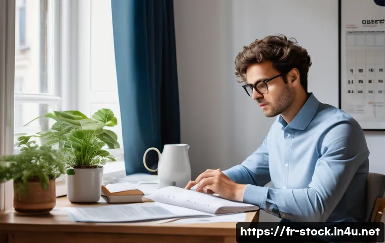 증권투자상담사 시험 합격 후기 - A focused young French professional sitting at a modern desk in a bright home office, surrounded by ...