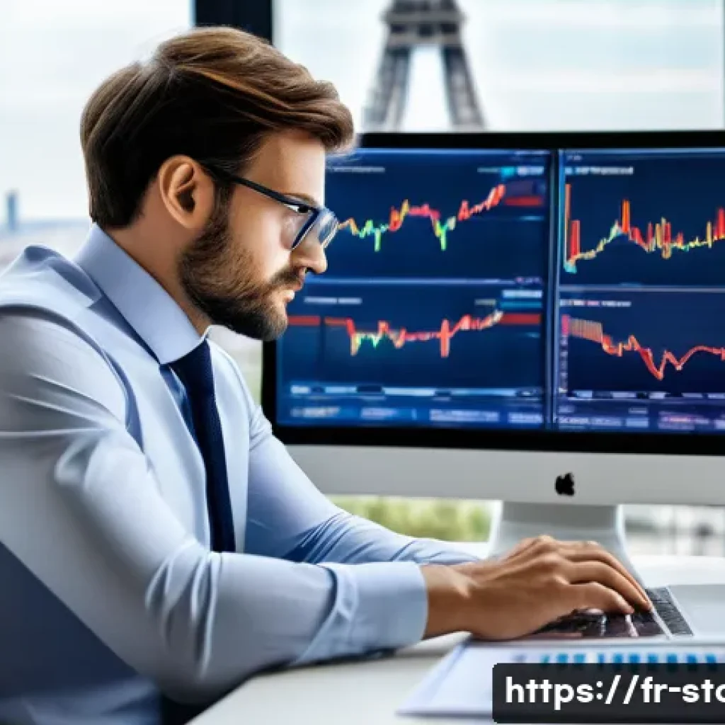 증권투자상담사로 성공한 사람들의 특징 - A professional French financial advisor in a modern Paris office, attentively analyzing multiple dig...