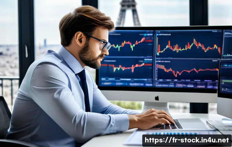 증권투자상담사로 성공한 사람들의 특징 - A professional French financial advisor in a modern Paris office, attentively analyzing multiple dig...