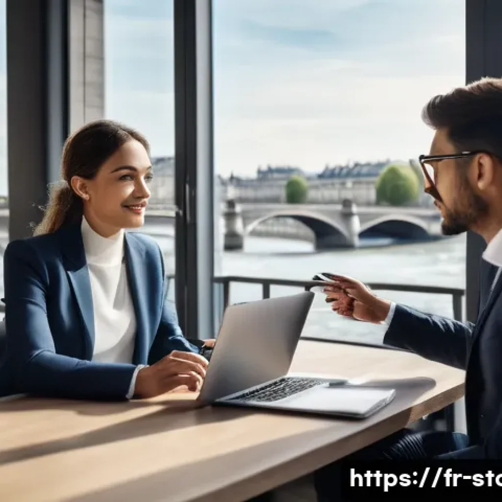 증권투자상담사 면접 질문과 답변 사례 - A professional financial advisor in a modern Parisian office setting, dressed in smart business atti...
