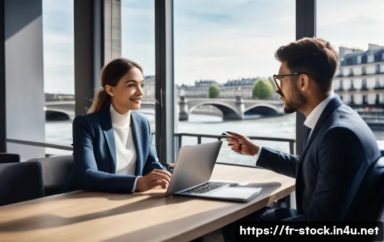 증권투자상담사 면접 질문과 답변 사례 - A professional financial advisor in a modern Parisian office setting, dressed in smart business atti...