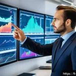 증권투자상담사와 보험 상품 상담 - A professional French financial advisor in a modern Paris office, analyzing multiple digital screens...