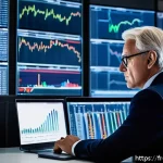 증권투자상담사와 채권 투자 상담 - A sophisticated European financial office scene showing a middle-aged professional investor analyzin...