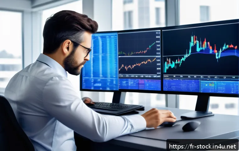 증권투자상담사 금융상품 판매 전략 - A professional financial advisor in a modern office environment, attentively analyzing multiple digi...